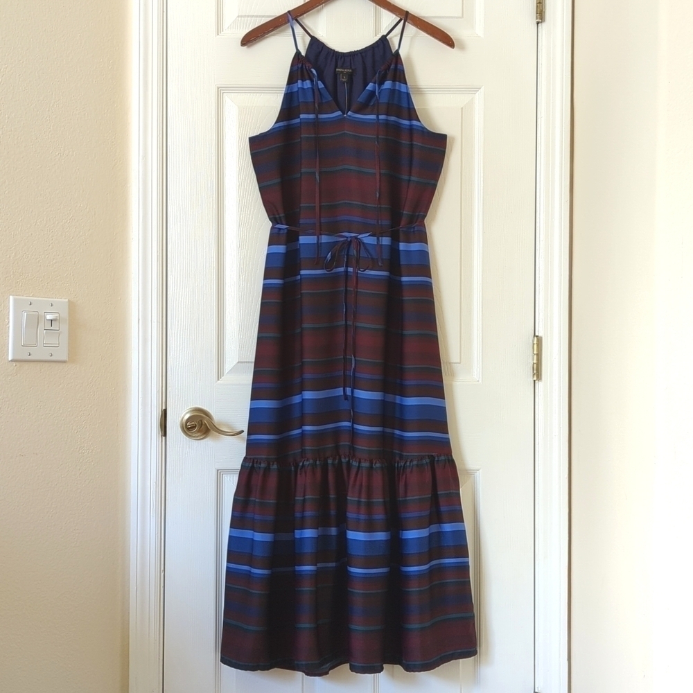 Banana Republic Striped Sleeveless Halter Flounce Hem A-Line Midi Dress Maroon S